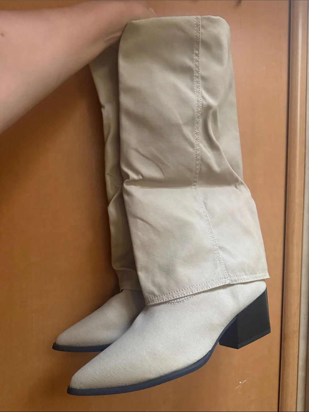 Light Beige Over-the-Knee Pointed Toe Block Heel Boots